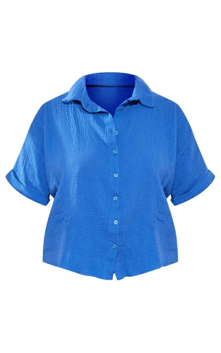 Clearance PrettyLittleThing Plus Textured Linen Look Short Sleeve Shirt Blue