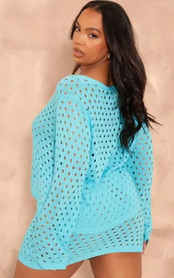 PrettyLittleThing Plus Tie Front Hole Detail Knit Top Blue