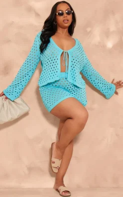 PrettyLittleThing Plus Tie Front Hole Detail Knit Top Blue