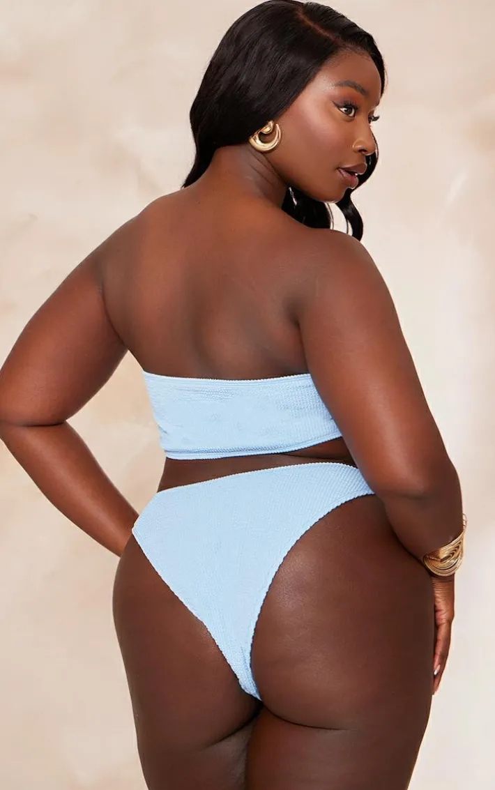 Plus Blue Tie Front Ribbed Bandeau Bikini Top