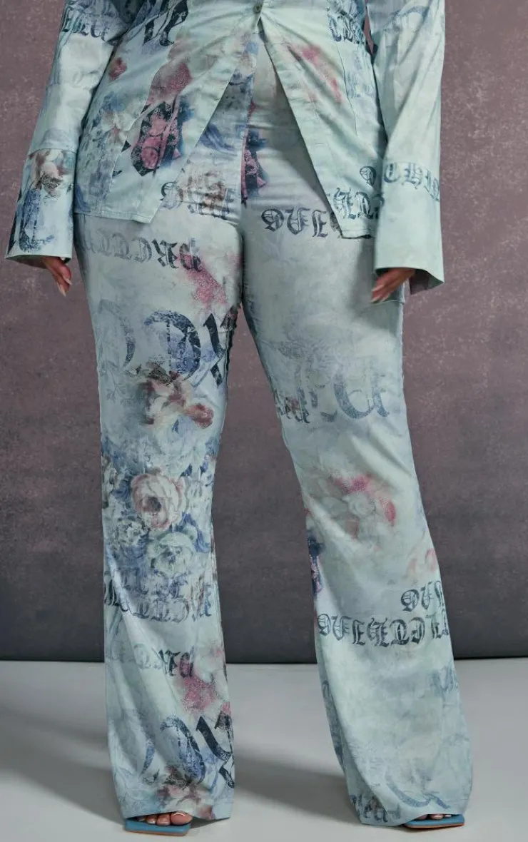 Outlet PrettyLittleThing Plus Vintage Floral Print Chiffon Flare Pants Blue