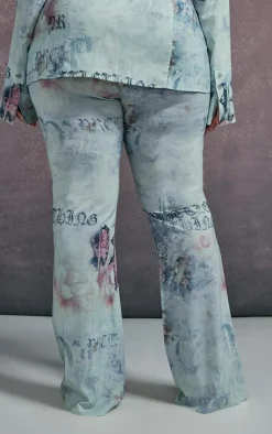 Outlet PrettyLittleThing Plus Vintage Floral Print Chiffon Flare Pants Blue
