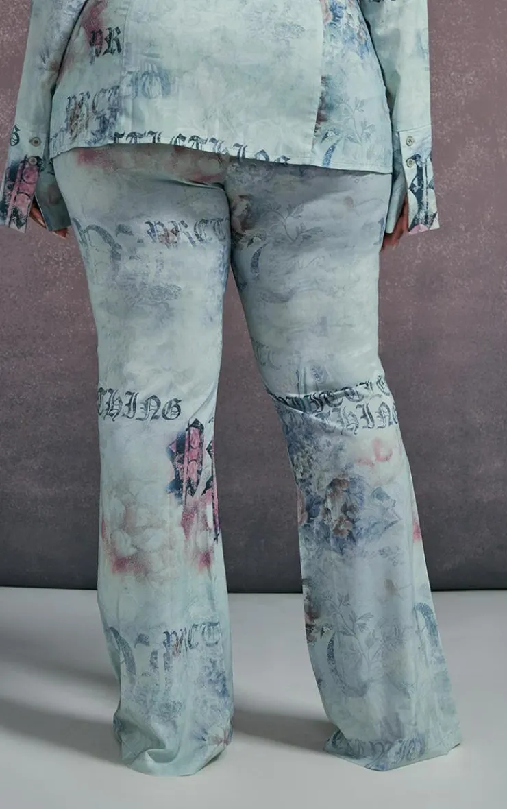 Outlet PrettyLittleThing Plus Vintage Floral Print Chiffon Flare Pants Blue