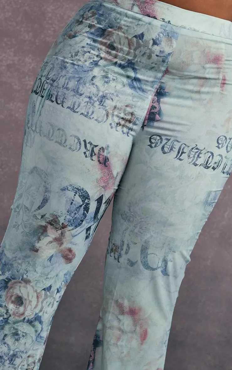 Outlet PrettyLittleThing Plus Vintage Floral Print Chiffon Flare Pants Blue