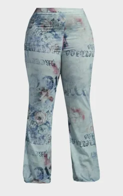 Outlet PrettyLittleThing Plus Vintage Floral Print Chiffon Flare Pants Blue