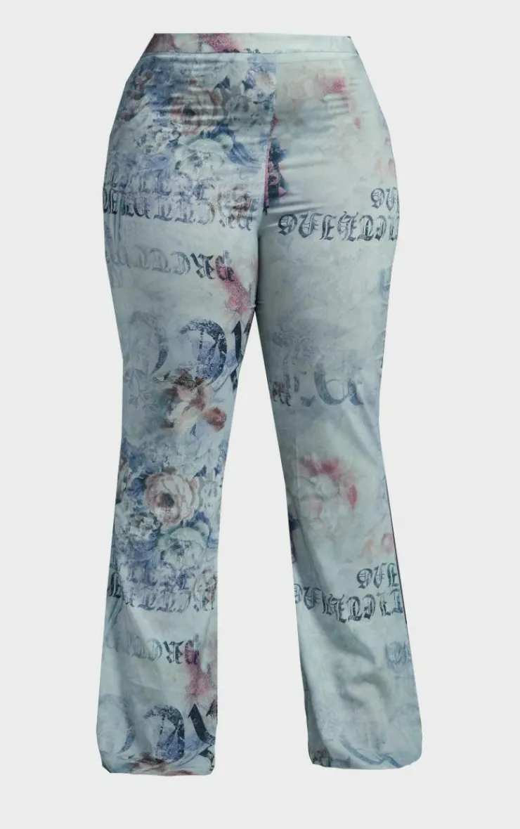 Outlet PrettyLittleThing Plus Vintage Floral Print Chiffon Flare Pants Blue