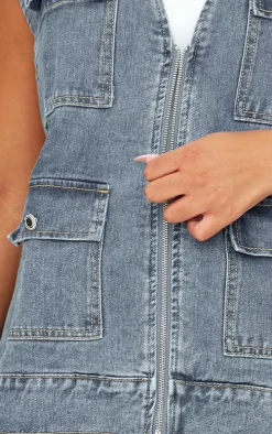 Plus Blue Zip Up Denim Cargo Vest