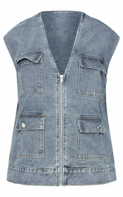 Plus Blue Zip Up Denim Cargo Vest