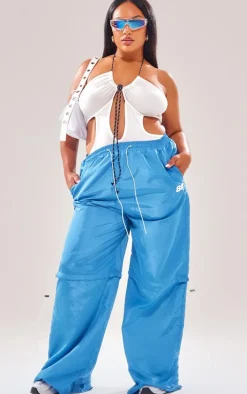 Plus Bright Blue Nylon Drawstring Low Rise Parachute Cargo Pants