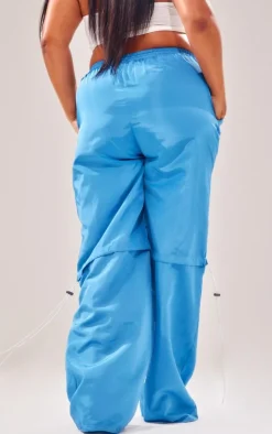 Plus Bright Blue Nylon Drawstring Low Rise Parachute Cargo Pants