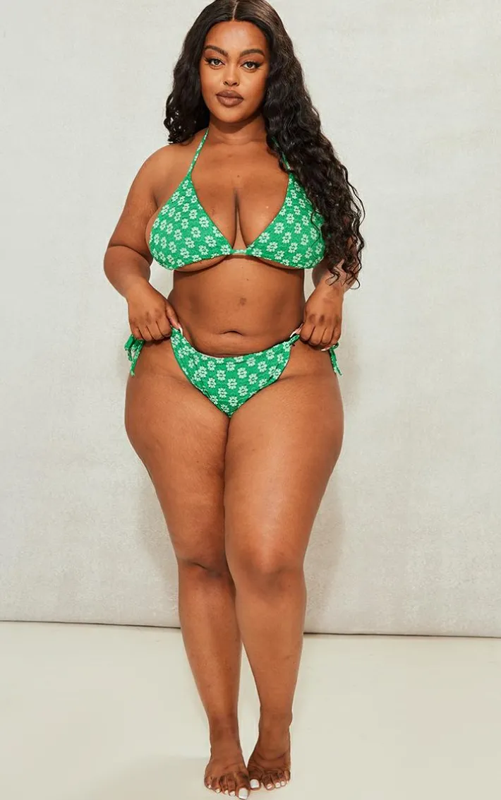 Plus Bright Green Daisy Crochet Detail Bikini Bottom