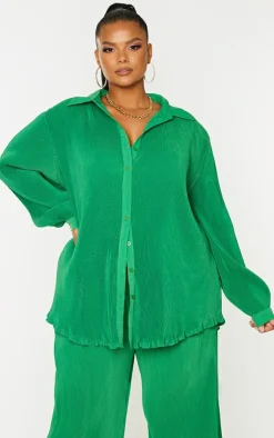 Discount PrettyLittleThing Plus Plisse Button Front Oversized Shirt Bright Green