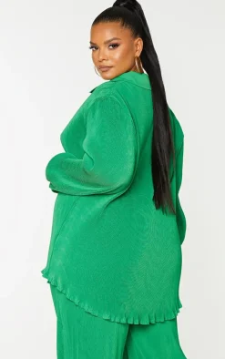 Discount PrettyLittleThing Plus Plisse Button Front Oversized Shirt Bright Green