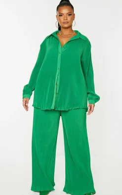 Discount PrettyLittleThing Plus Plisse Button Front Oversized Shirt Bright Green