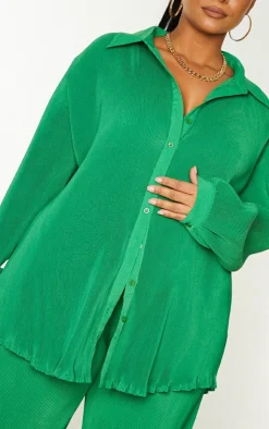 Discount PrettyLittleThing Plus Plisse Button Front Oversized Shirt Bright Green
