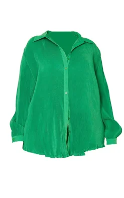 Discount PrettyLittleThing Plus Plisse Button Front Oversized Shirt Bright Green