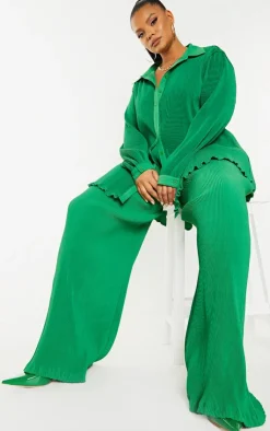 Best PrettyLittleThing Plus Plisse High Waisted Wide Leg Pants Bright Green