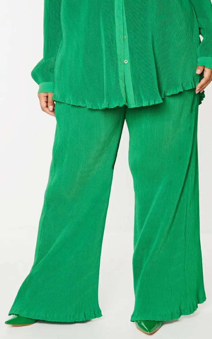 Best PrettyLittleThing Plus Plisse High Waisted Wide Leg Pants Bright Green
