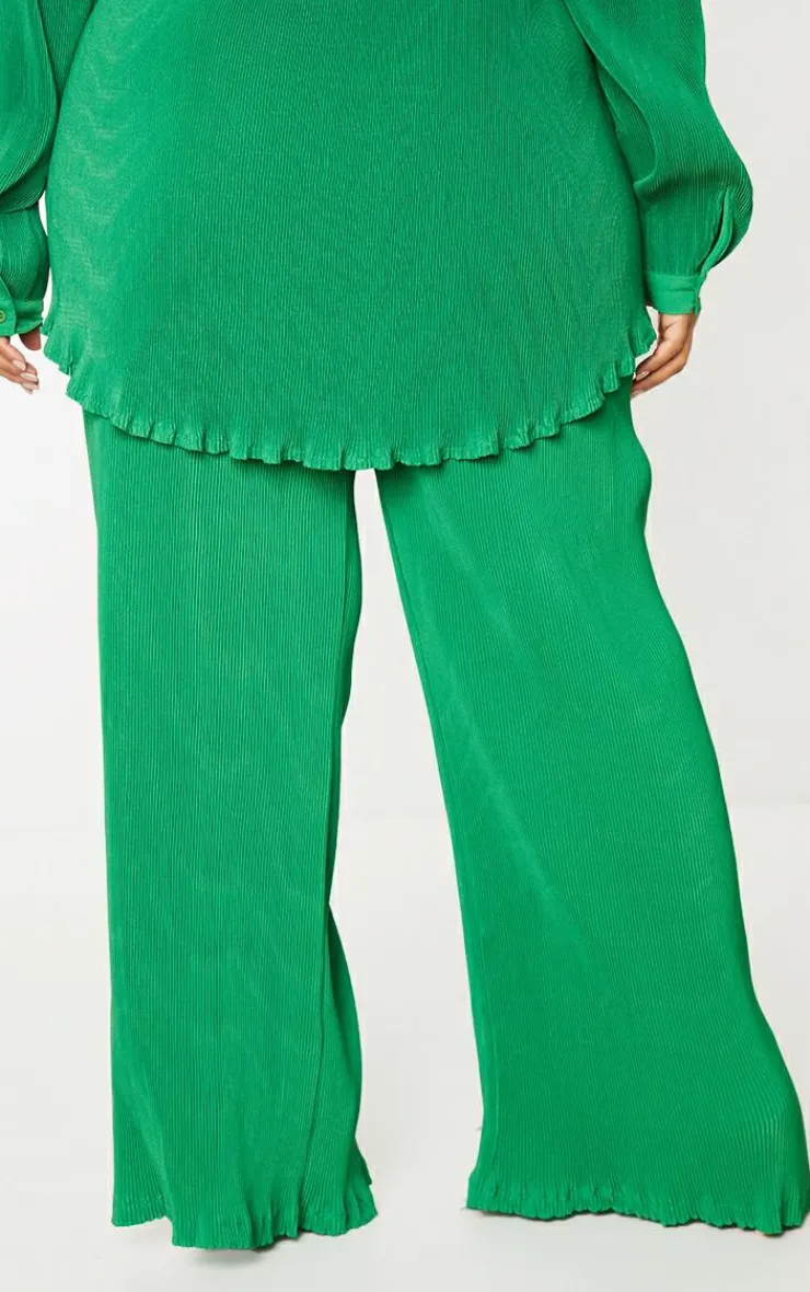 Best PrettyLittleThing Plus Plisse High Waisted Wide Leg Pants Bright Green