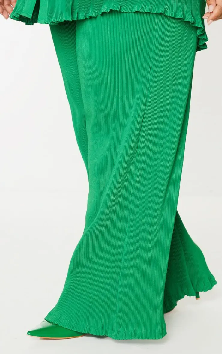 Best PrettyLittleThing Plus Plisse High Waisted Wide Leg Pants Bright Green