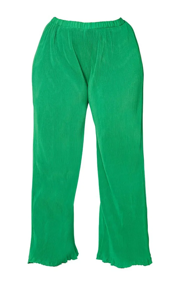 Best PrettyLittleThing Plus Plisse High Waisted Wide Leg Pants Bright Green