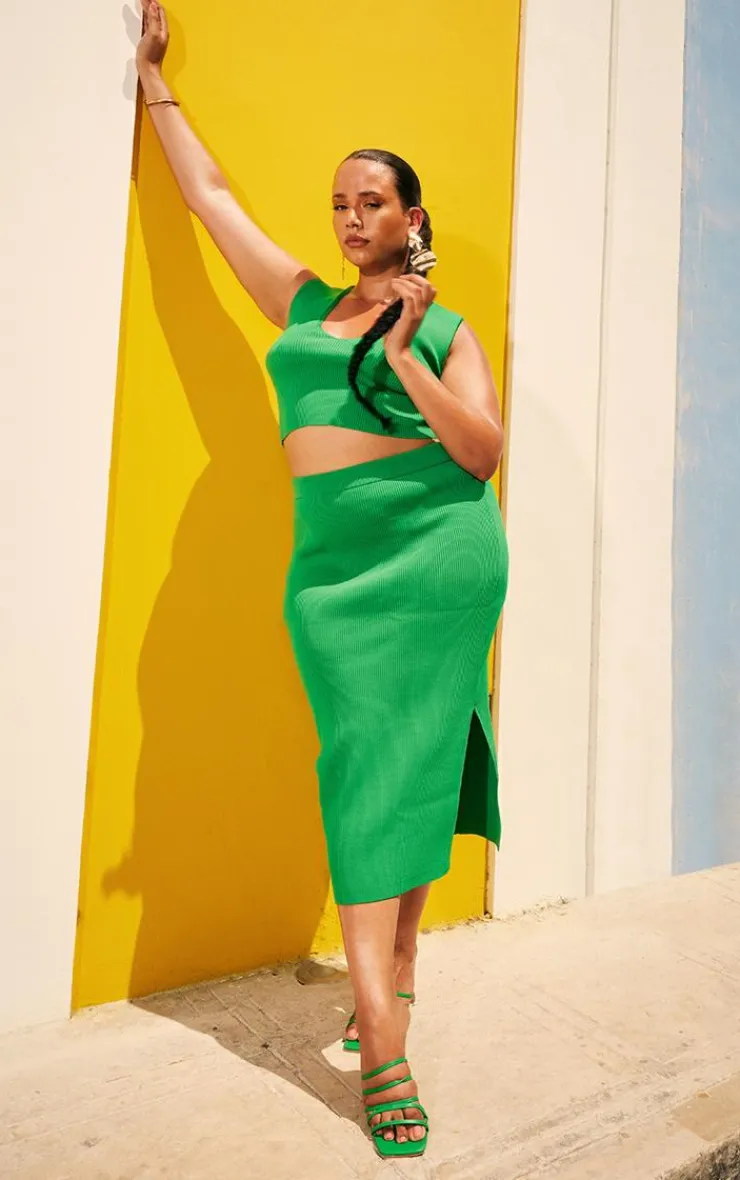 Outlet PrettyLittleThing Plus Rib Knitted Bodycon Split Skirt Bright Green