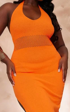 Plus Bright Orange Knit Halter Neck Midi Dress