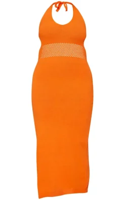Plus Bright Orange Knit Halter Neck Midi Dress
