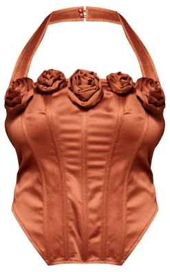 Plus Satin Rose Applique Trim Halterneck Corset-PrettyLittleThing Outlet