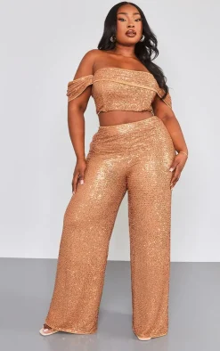 PrettyLittleThing Plus Sequin High Waist Wide Leg Pant Bronze