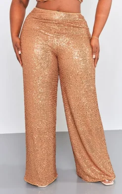 PrettyLittleThing Plus Sequin High Waist Wide Leg Pant Bronze