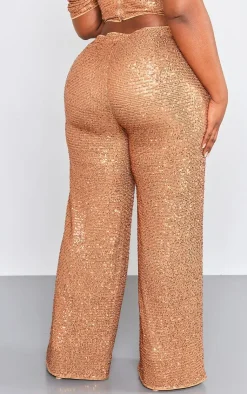 PrettyLittleThing Plus Sequin High Waist Wide Leg Pant Bronze