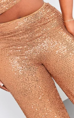 PrettyLittleThing Plus Sequin High Waist Wide Leg Pant Bronze