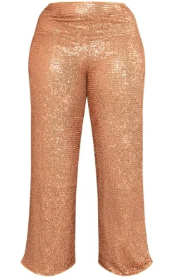 PrettyLittleThing Plus Sequin High Waist Wide Leg Pant Bronze