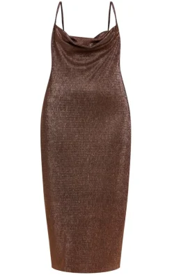 Plus Bronze Textured Glitter Cowl Neck Midi Dress-PrettyLittleThing Online