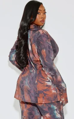 Best PrettyLittleThing Plus Abstract Print Chiffon Fitted Shirt Brown
