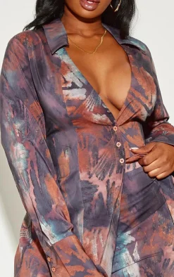 Best PrettyLittleThing Plus Abstract Print Chiffon Fitted Shirt Brown