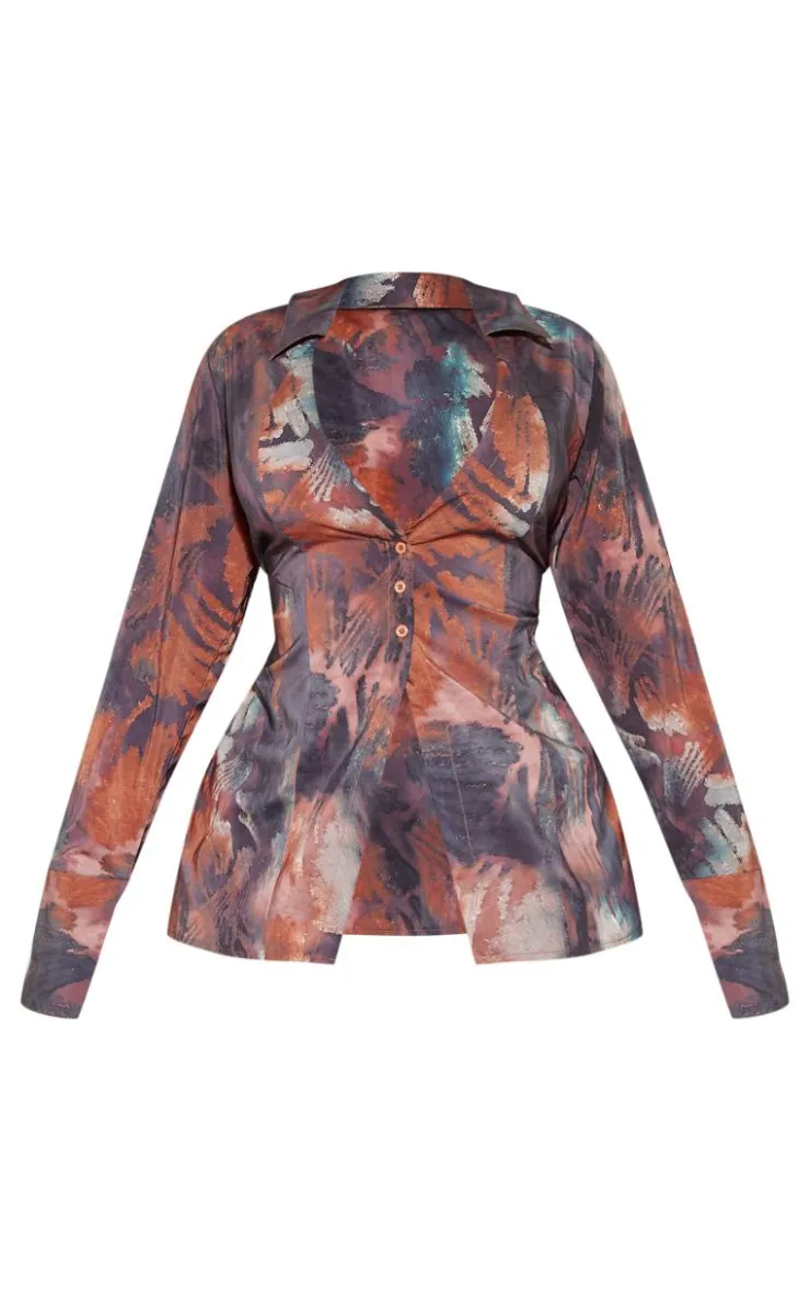 Best PrettyLittleThing Plus Abstract Print Chiffon Fitted Shirt Brown
