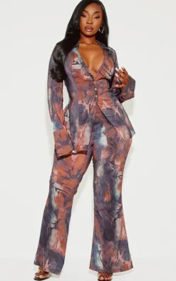 Sale PrettyLittleThing Plus Abstract Print Chiffon Flare Pants Brown