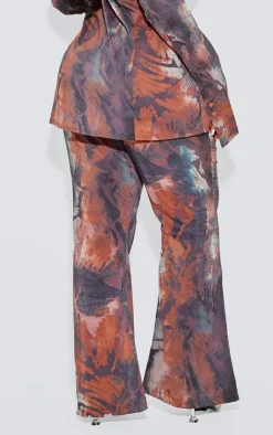 Sale PrettyLittleThing Plus Abstract Print Chiffon Flare Pants Brown