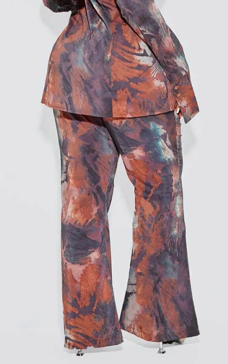 Sale PrettyLittleThing Plus Abstract Print Chiffon Flare Pants Brown