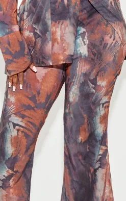 Sale PrettyLittleThing Plus Abstract Print Chiffon Flare Pants Brown