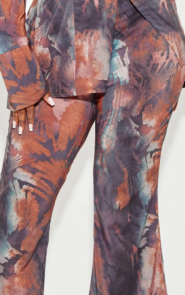 Sale PrettyLittleThing Plus Abstract Print Chiffon Flare Pants Brown