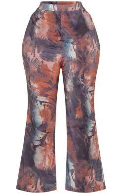 Sale PrettyLittleThing Plus Abstract Print Chiffon Flare Pants Brown