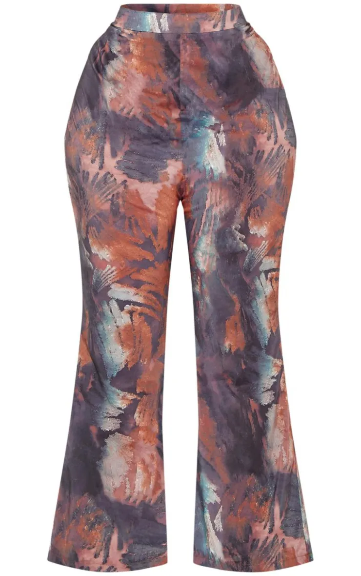 Sale PrettyLittleThing Plus Abstract Print Chiffon Flare Pants Brown