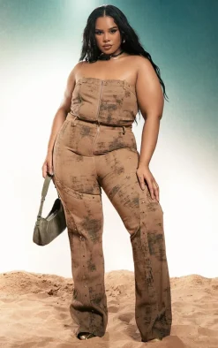 Best PrettyLittleThing Plus Studded Zip Up Bandeau Crop Top Brown Acid Wash