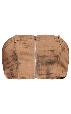 Best PrettyLittleThing Plus Studded Zip Up Bandeau Crop Top Brown Acid Wash