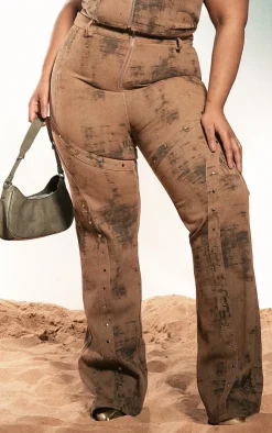 Clearance PrettyLittleThing Plus Studded Detail Flare Jeans Brown Acid Wash