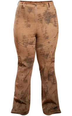 Clearance PrettyLittleThing Plus Studded Detail Flare Jeans Brown Acid Wash