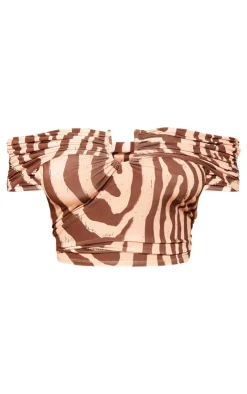 Best PrettyLittleThing Plus Animal Print Slinky Gold Trim Detail Bardot Top Brown